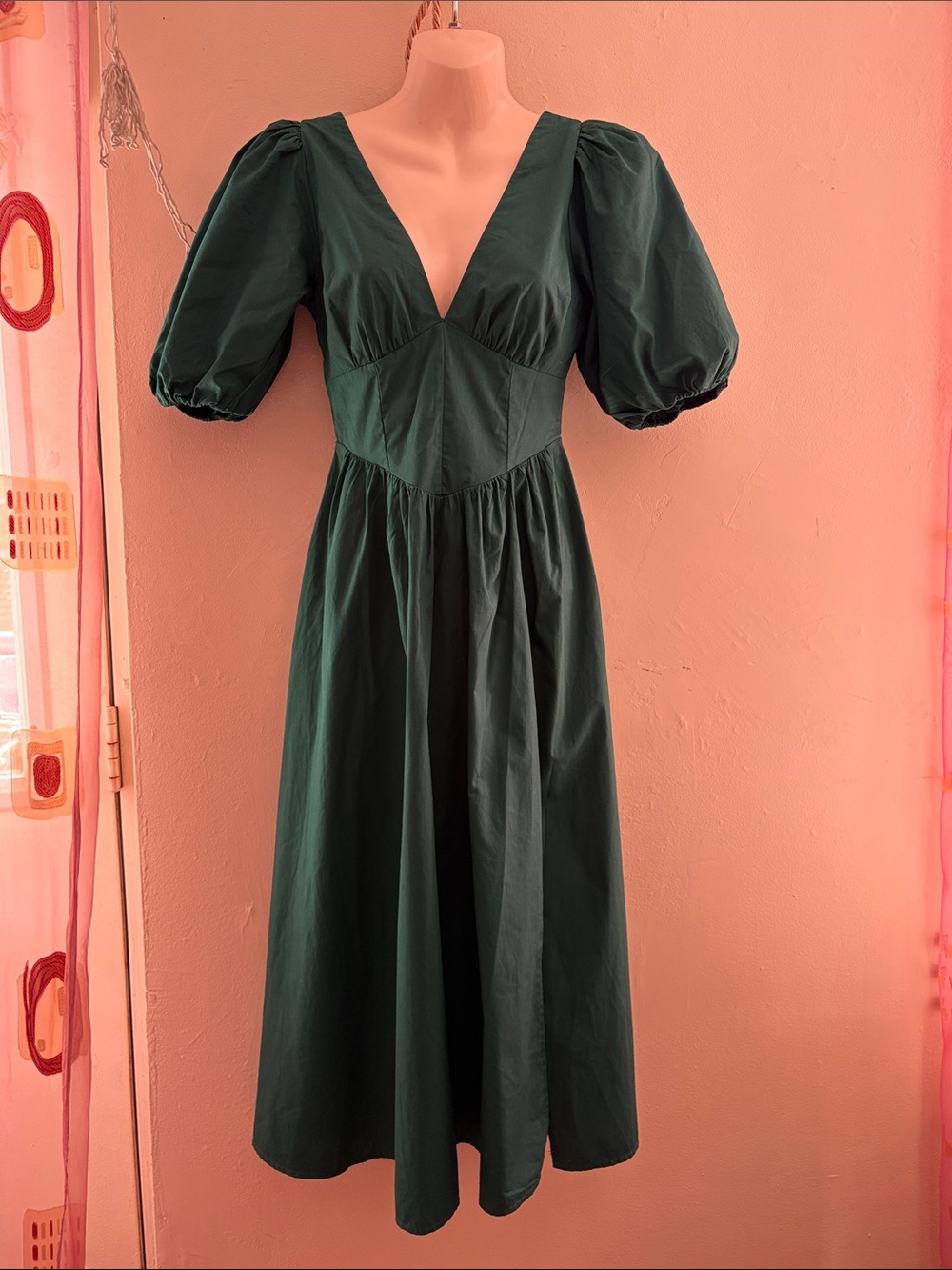 Abercrombie & Fitch Forest Green V-Neck Puff Sleeve Midi Dress